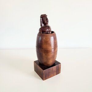 Vintage Wooden Nude Man in Barrel Figure, 12" Tall